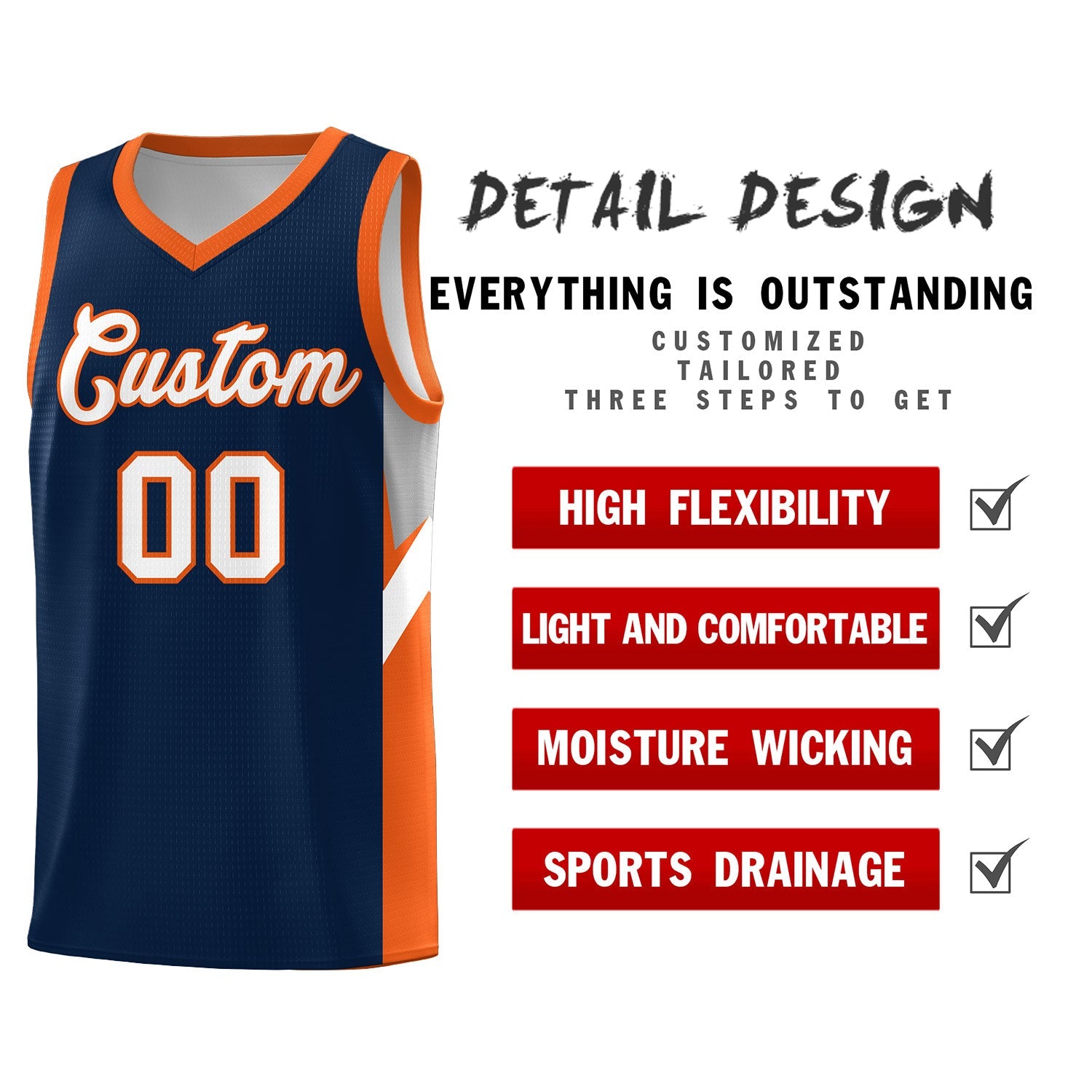 Custom Navy Orange Side Design Sets Sports Uniform Basketball Jersey