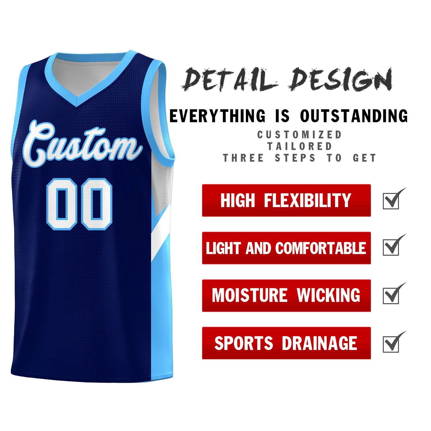 Custom Navy Powder Blue Side Design Sets Sports Uniform Basketball Jersey