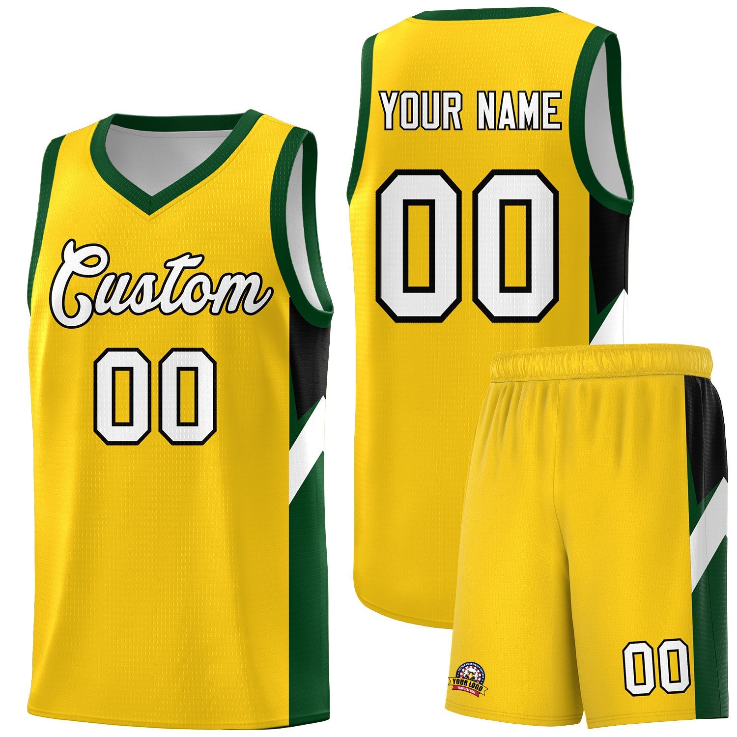 Custom Gold Hunter Green Side Design Sets Sports Uniform Basketball Jersey