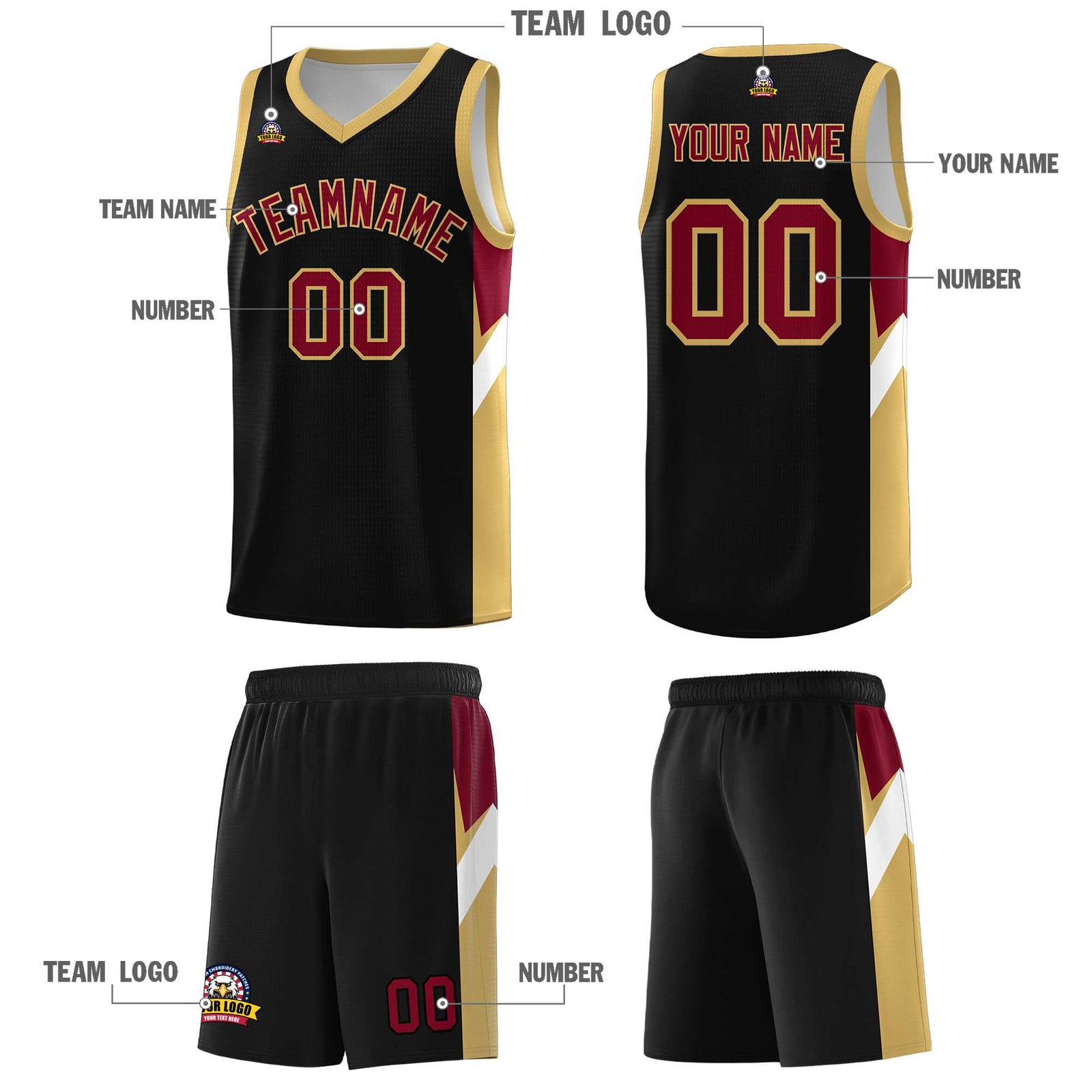 Custom Black Old Gold Side Design Sets Sports Uniform Basketball Jersey
