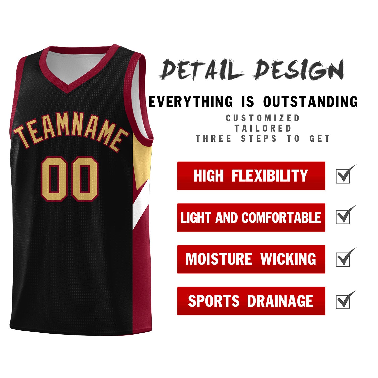 Custom Black Crimson Side Design Sets Sports Uniform Basketball Jersey