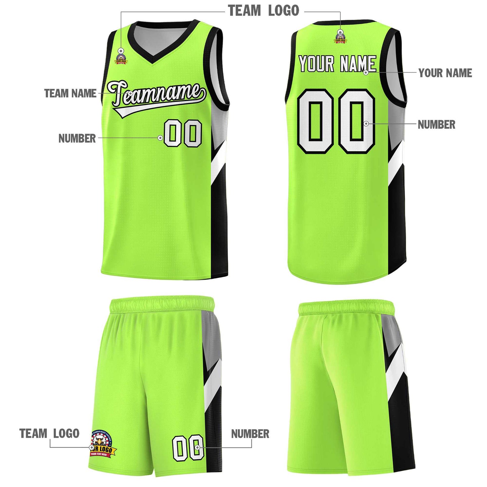 Custom Fluorescent Green Black Side Design Sets Sports Uniform Basketball Jersey