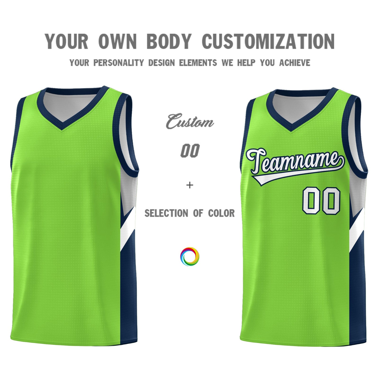 Custom Neon Green Navy Side Design Sets Sports Uniform Basketball Jersey