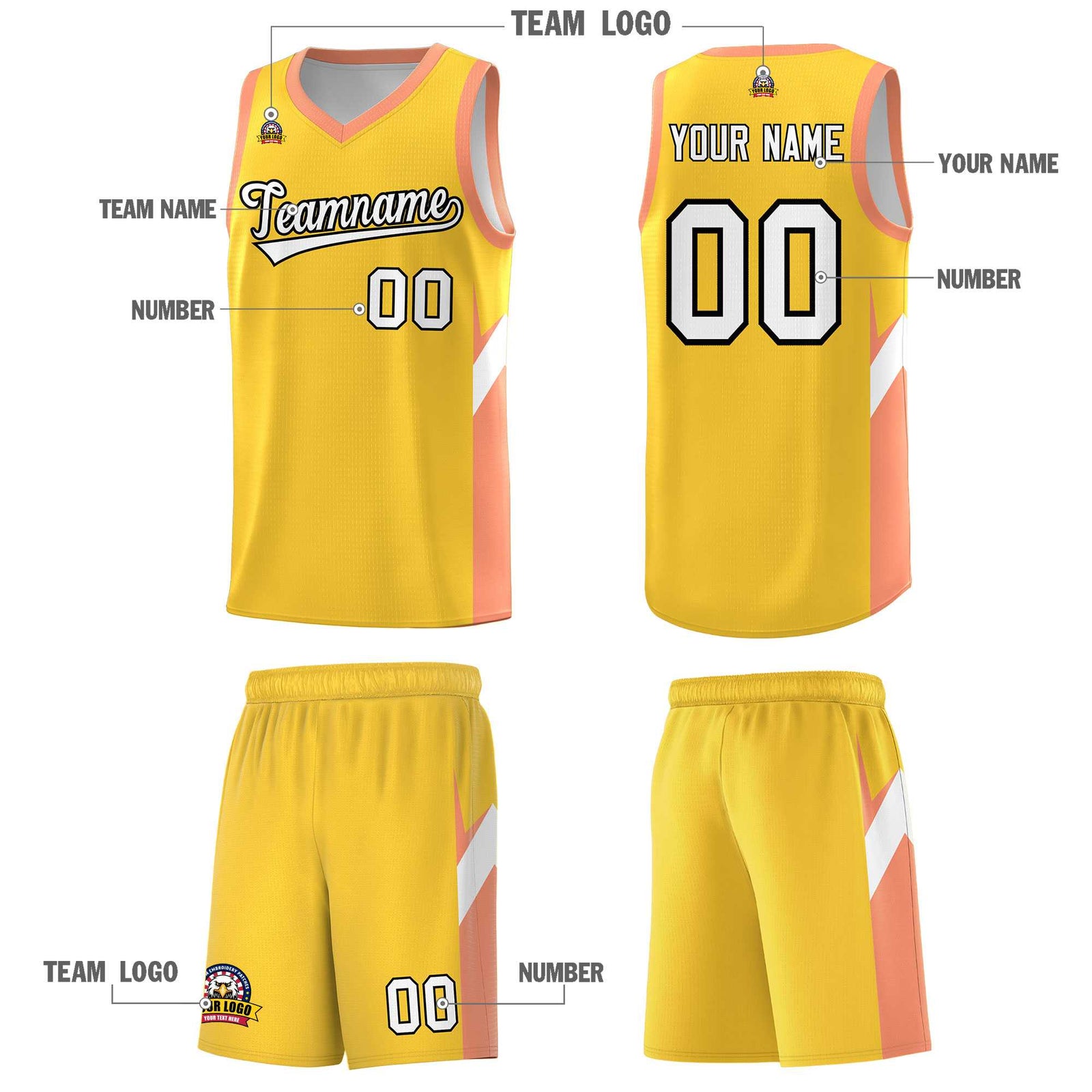 Custom Gold Orange Side Design Sets Sports Uniform Basketball Jersey