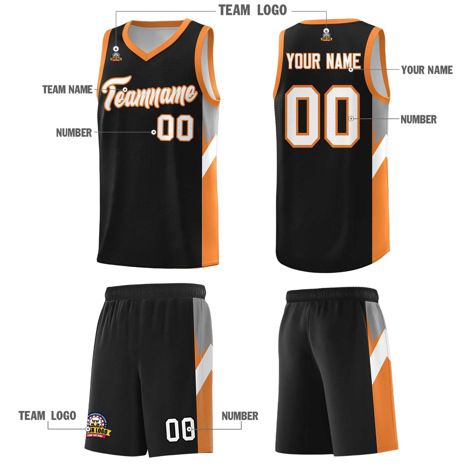 Custom Black Gold Orange Side Design Sets Sports Uniform Basketball Jersey