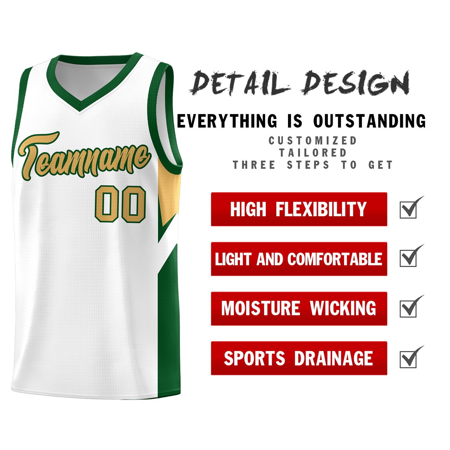 Custom White Green Side Design Sets Sports Uniform Basketball Jersey