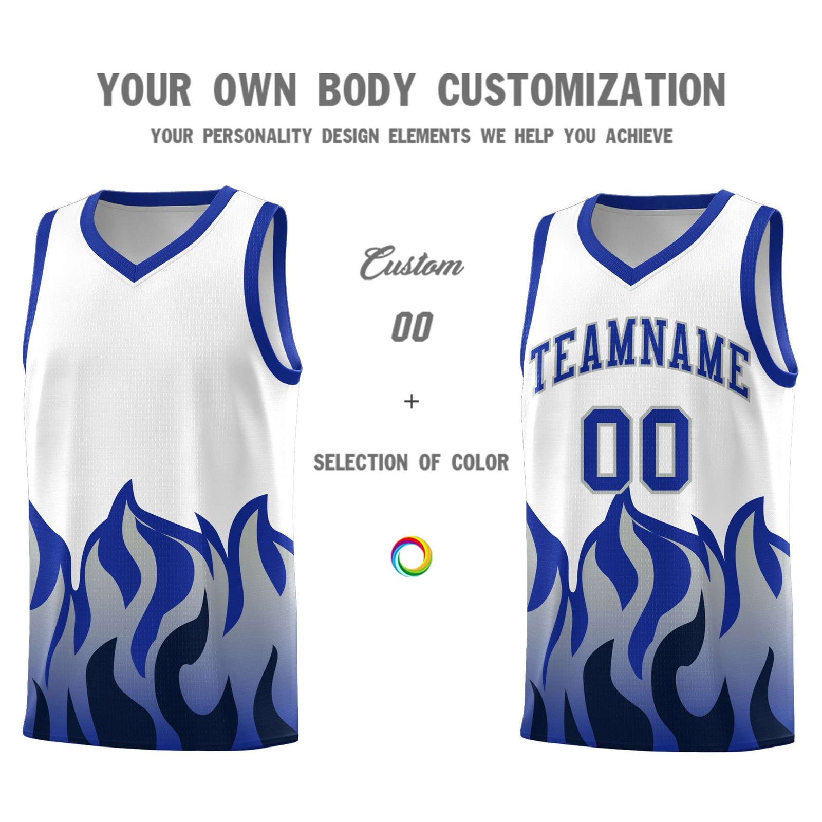 Custom White Royal Hem Flame Pattern Fashion Sports Uniform Basketball jersey
