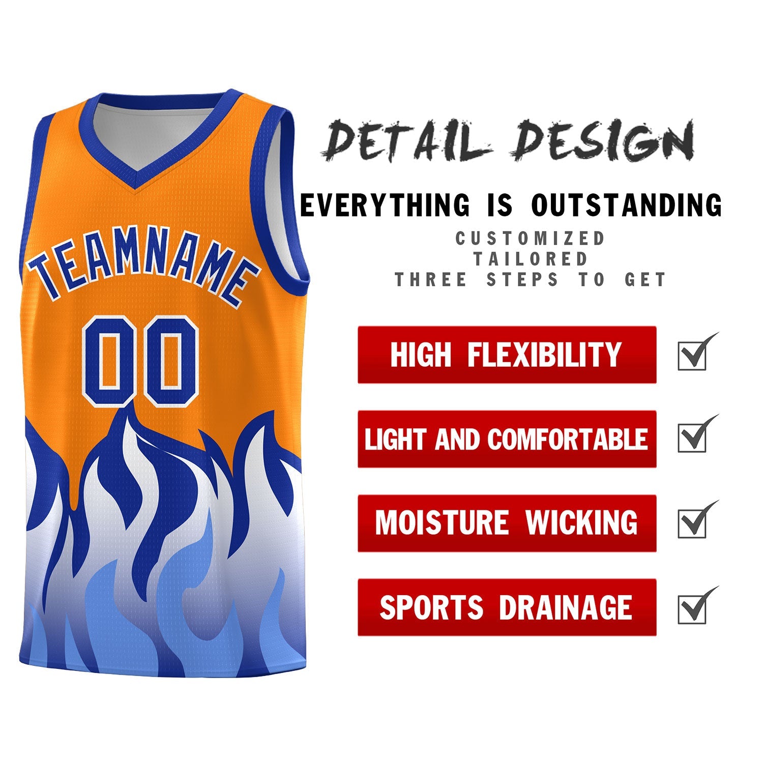 Custom Orange Royal Hem Flame Pattern Fashion Sports Uniform Basketball jersey