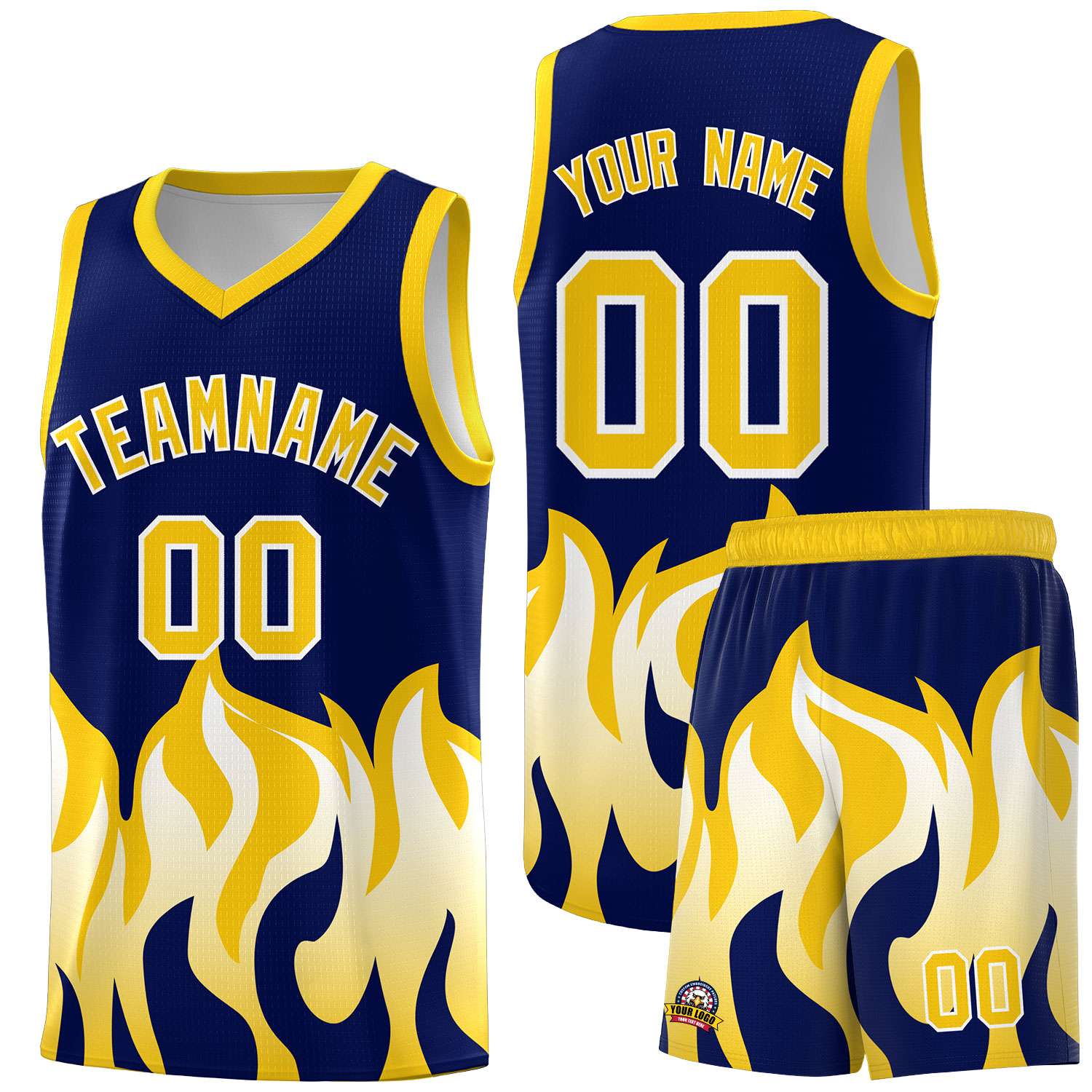 Custom Navy Gold Hem Flame Pattern Fashion Sports Uniform Basketball jersey