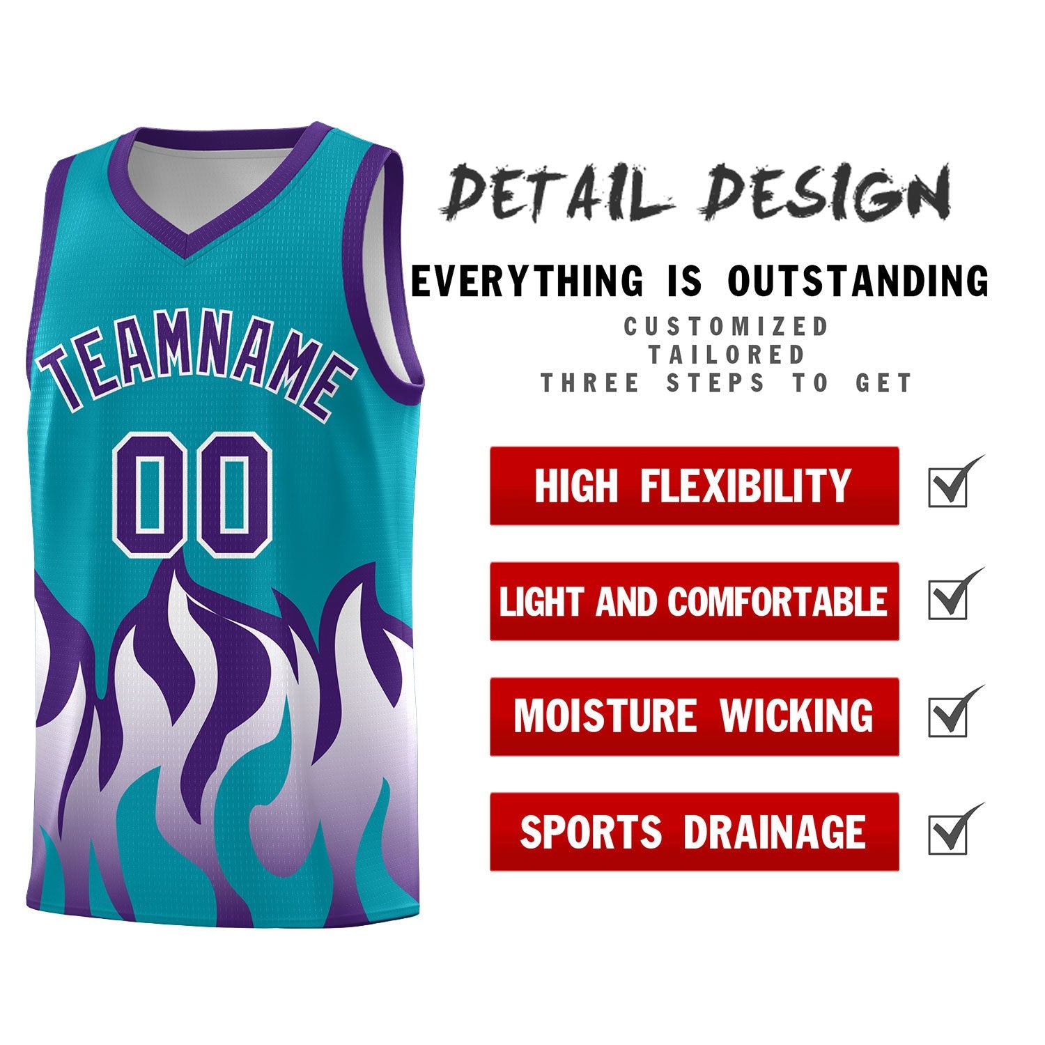 Custom Aqua Purple Hem Flame Pattern Fashion Sports Uniform Basketball jersey