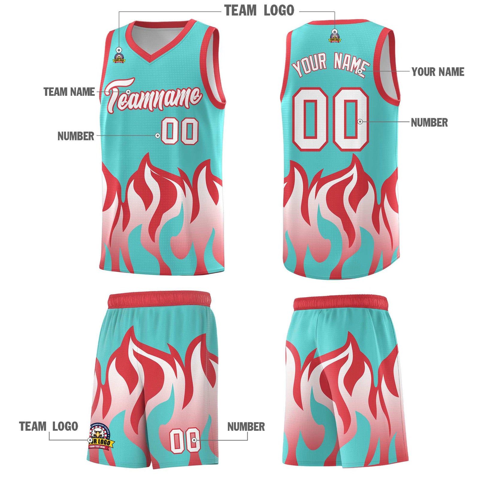 Custom Bright Green Light Red Hem Flame Pattern Fashion Sports Uniform Basketball jersey