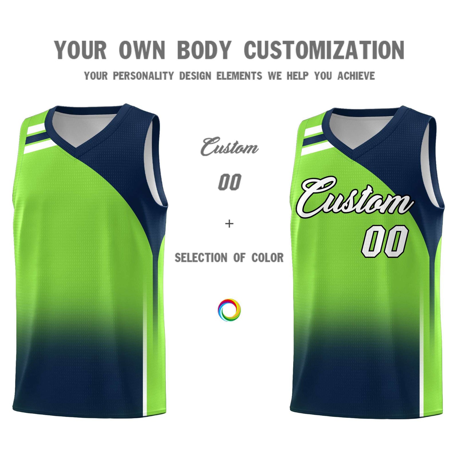 Custom Fluorescent Green Navy Gradient Fashion Sets Sports Uniform Basketball Jersey