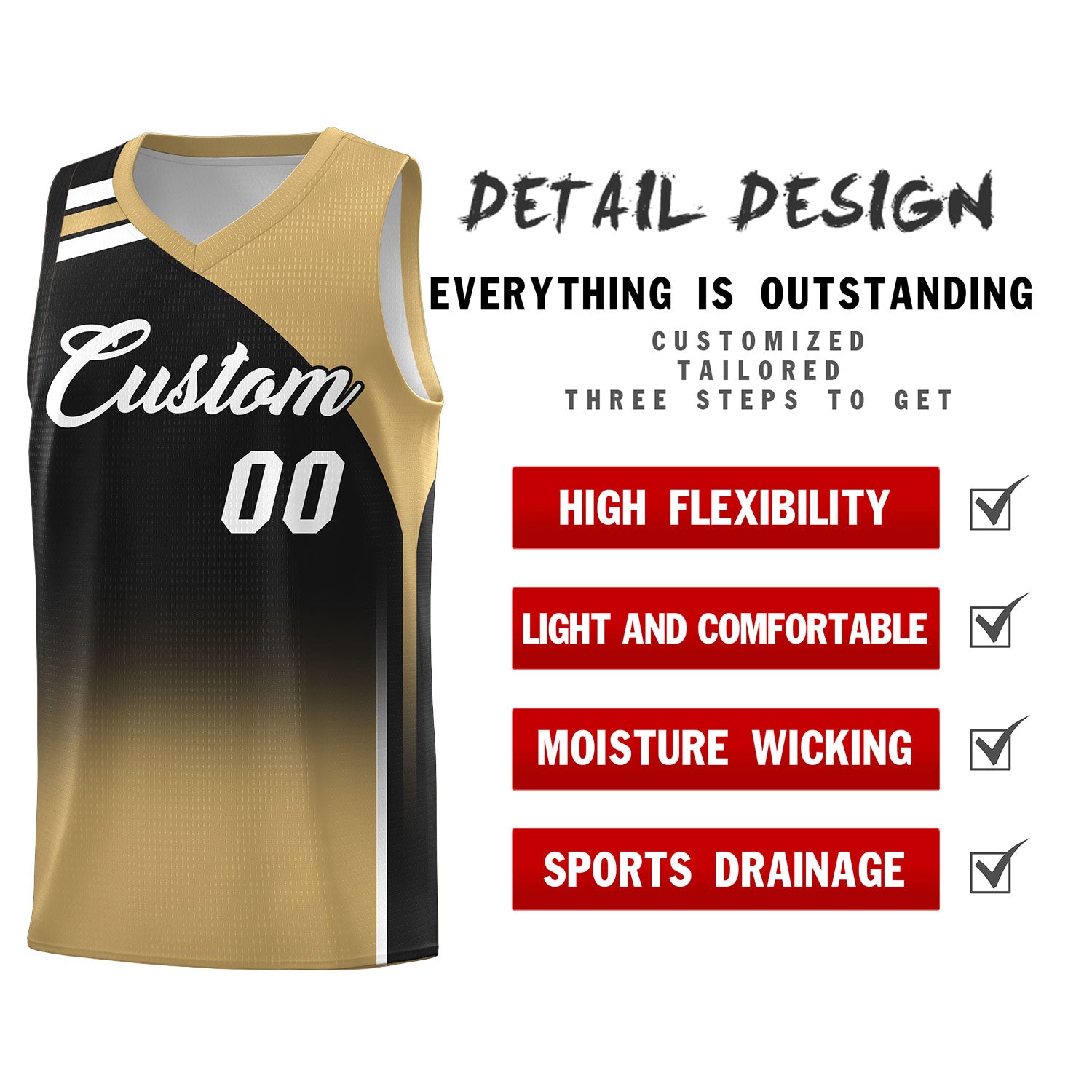 Custom Black and Old Gold Gradient Fashion Sets Sports Uniform Basketball Jersey