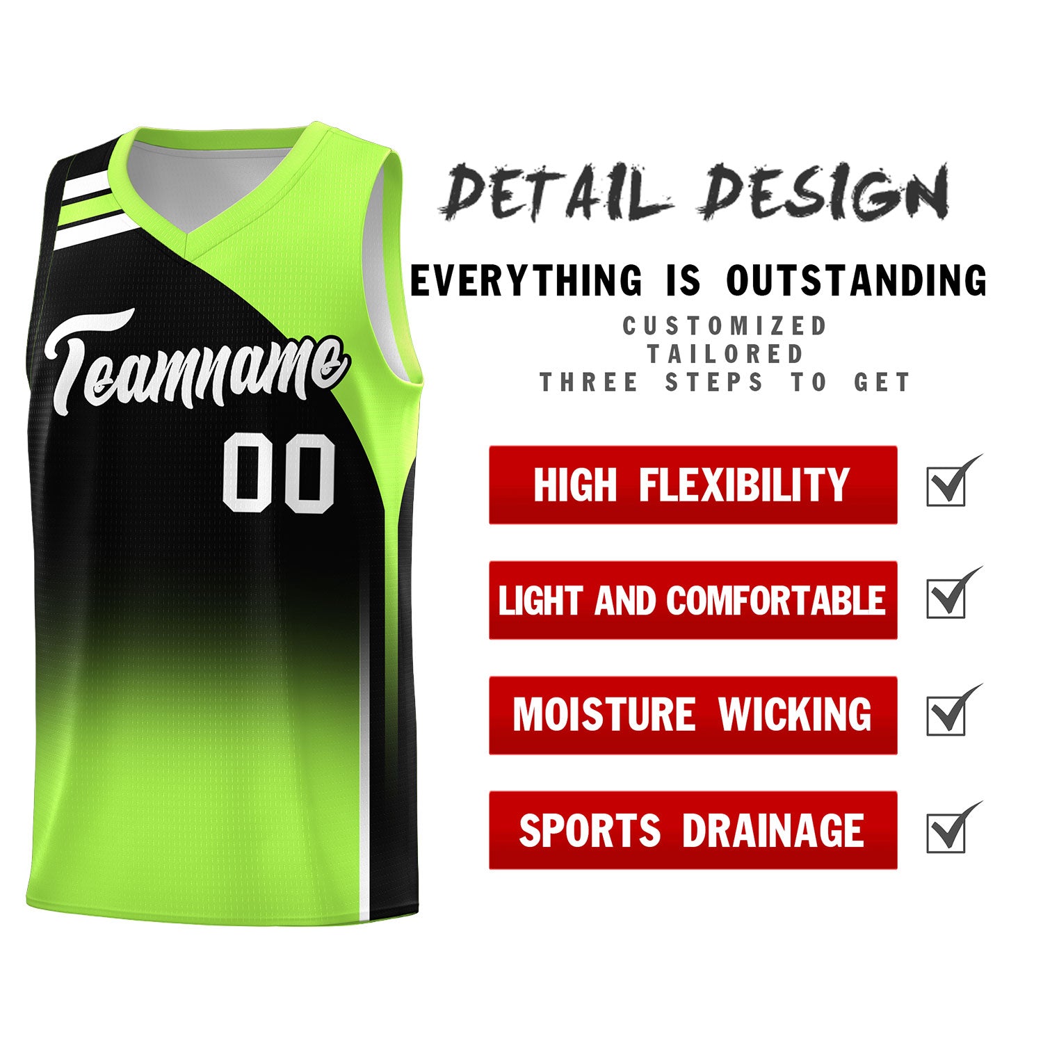 Custom Black Fluorescent Green Gradient Fashion Sets Sports Uniform Basketball Jersey