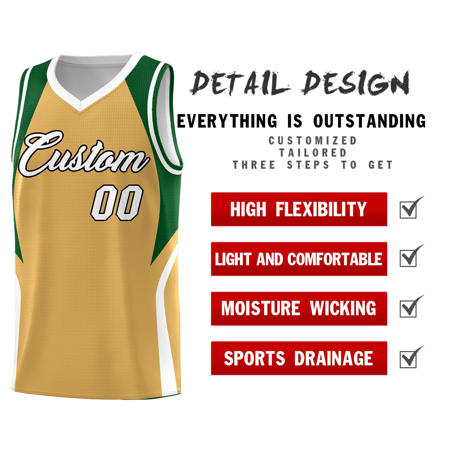 Custom Buckskin Brown Green and White Color Block Sports Uniform Basketball Jersey