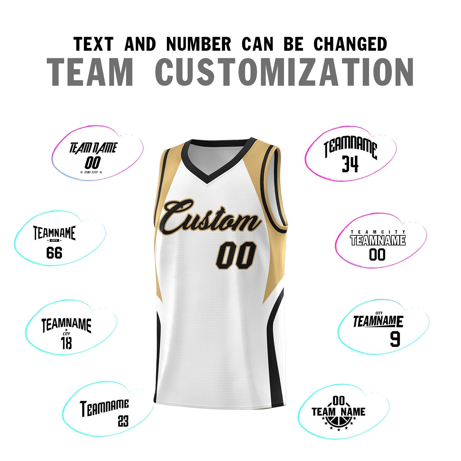 Custom White Old Gold and Black Color Block Sports Uniform Basketball Jersey