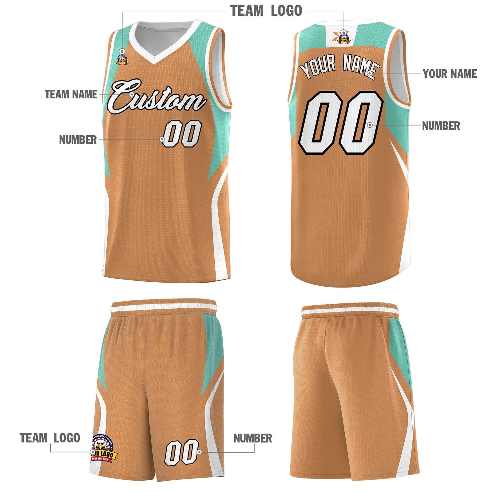 Custom Buckskin Brown Blue and White Color Block Sports Uniform Basketball Jersey