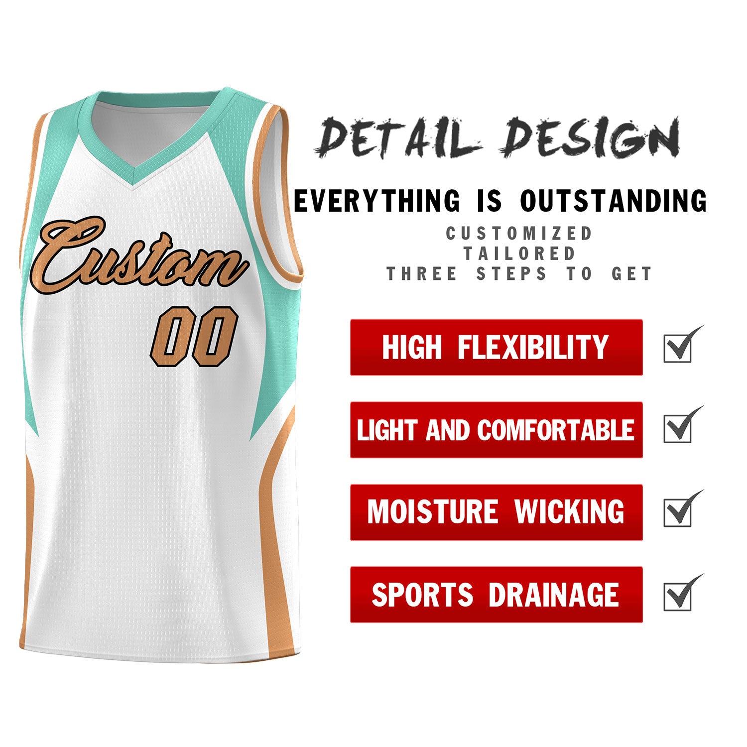 Custom White Blue and Buckskin Brown Color Block Sports Uniform Basketball Jersey