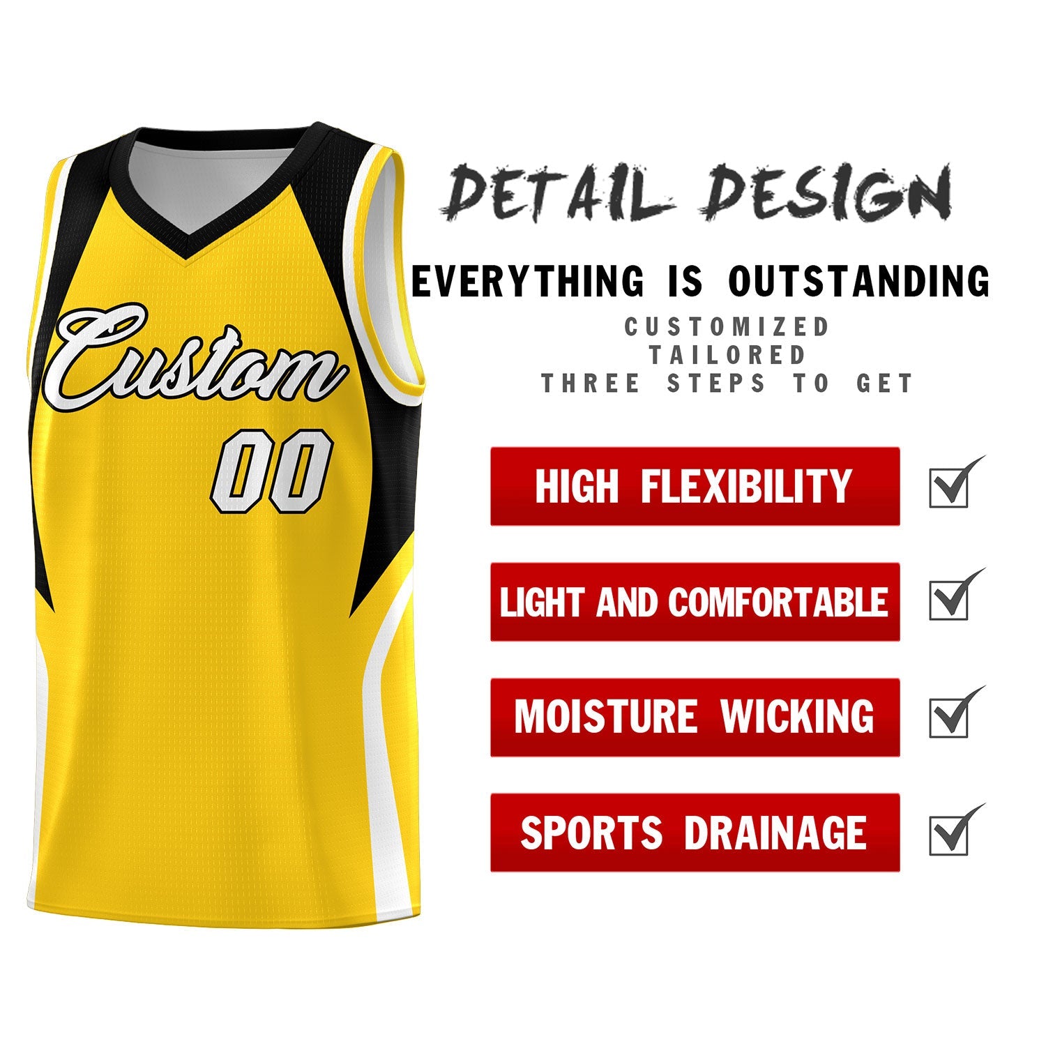 Custom Gold Black and White Color Block Sports Uniform Basketball Jersey