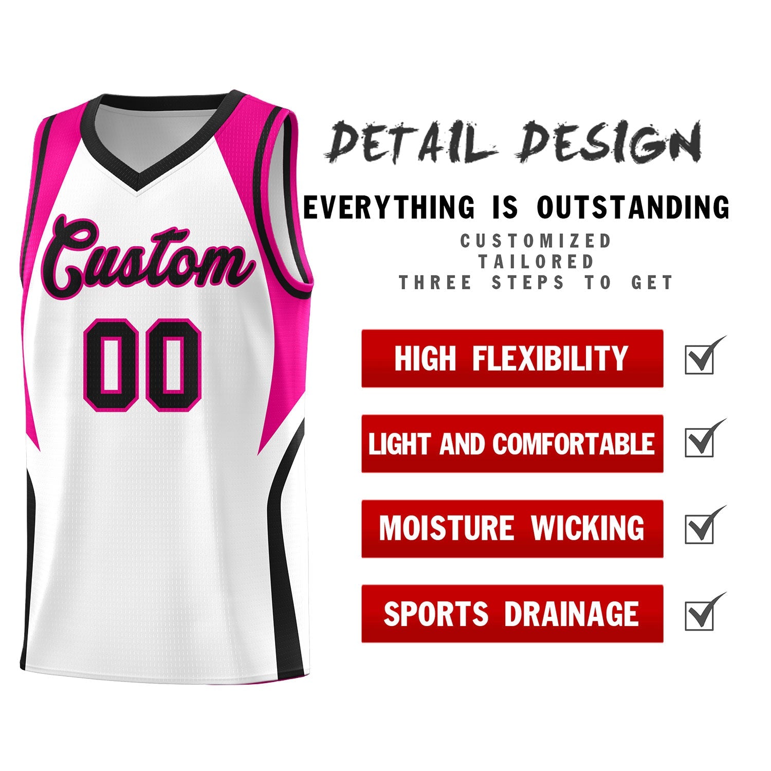 Custom White Pink and Black Color Block Sports Uniform Basketball Jersey