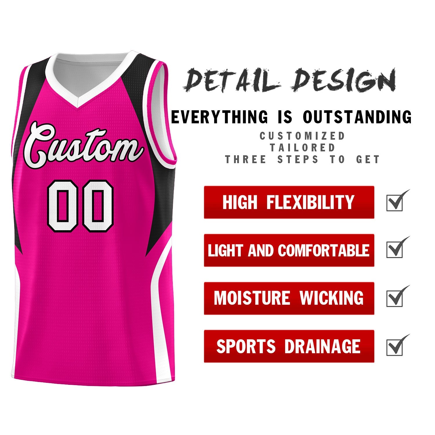 Custom Pink Black and White Color Block Sports Uniform Basketball Jersey
