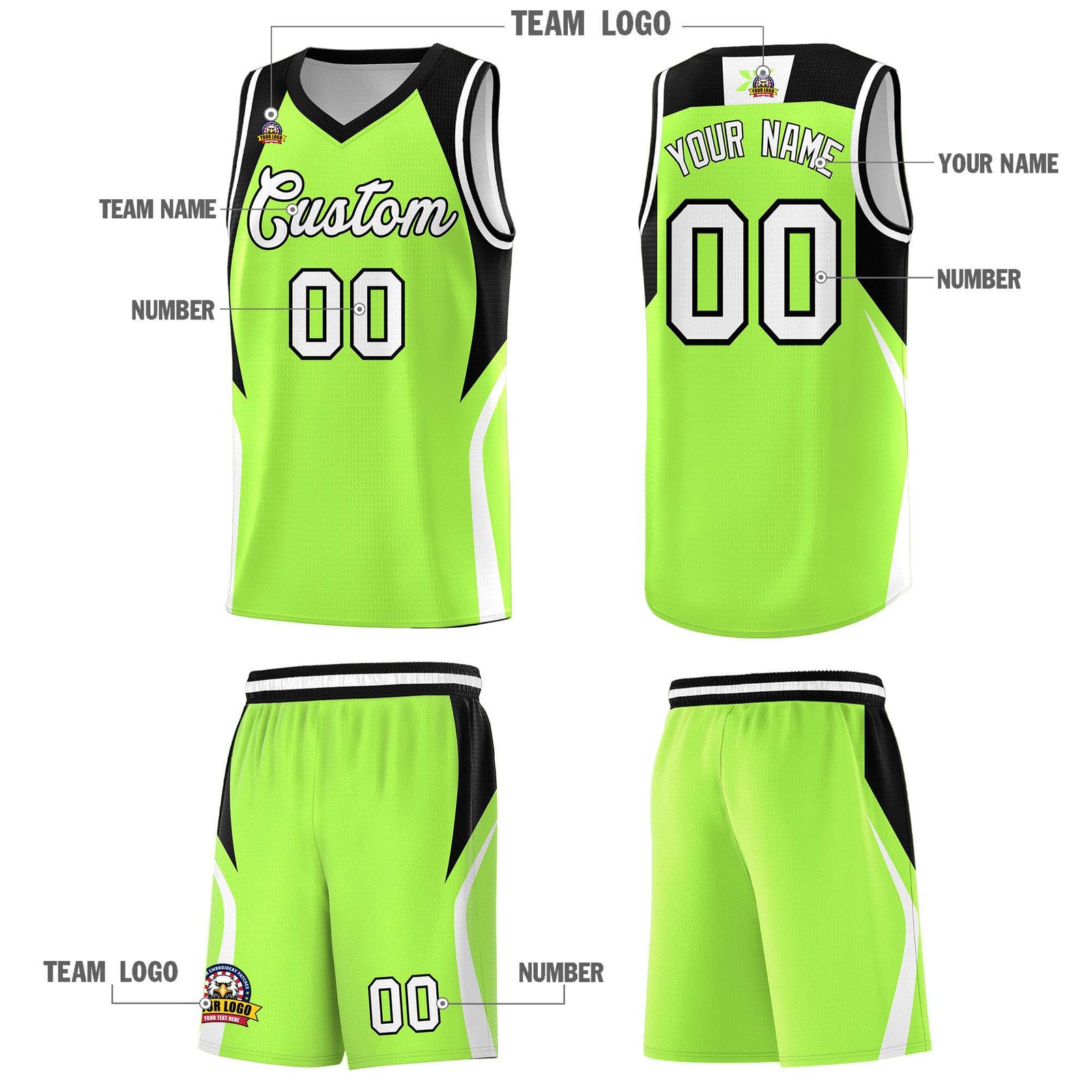 Custom Fluorescent Green Black and White Color Block Sports Uniform Basketball Jersey