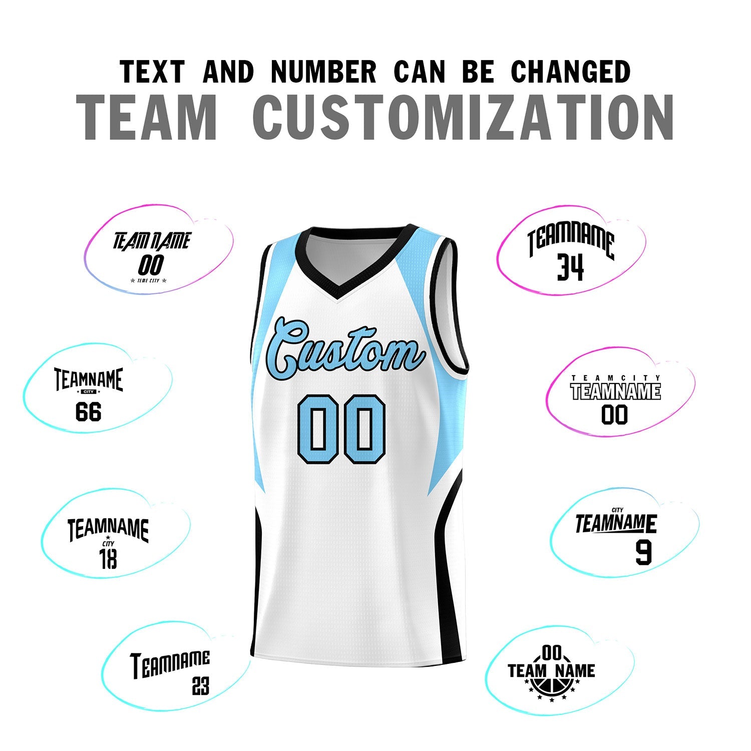 Custom White Light Blue and Black Color Block Sports Uniform Basketball Jersey