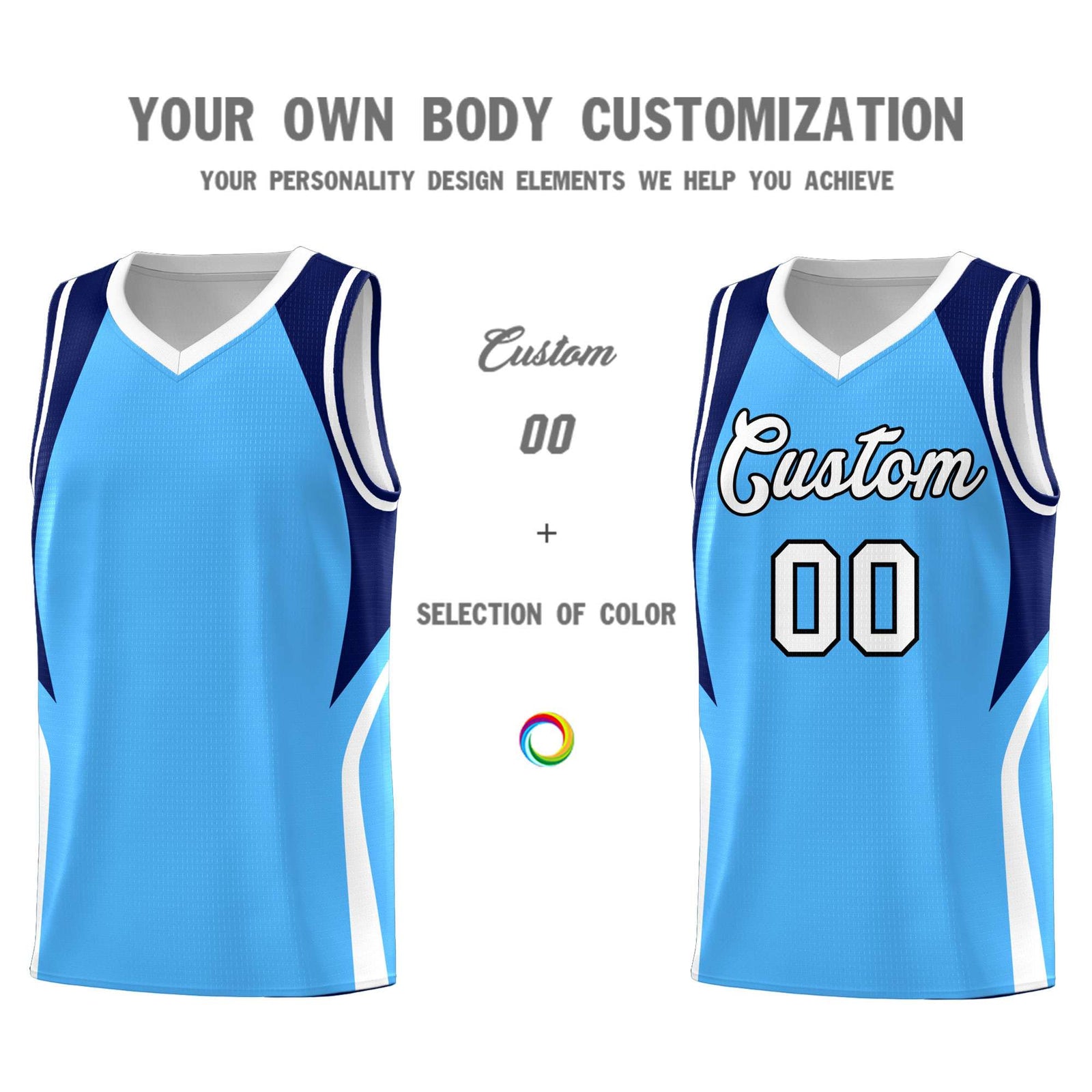 Custom Powder Blue Navy and White Color Block Sports Uniform Basketball Jersey