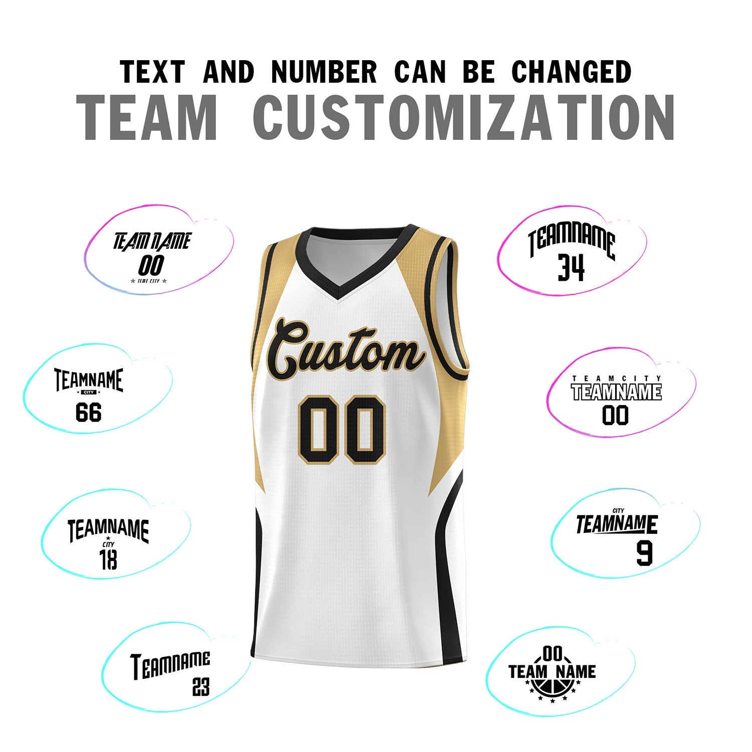 Custom White Old Gold and Black Color Block Sports Uniform Basketball Jersey