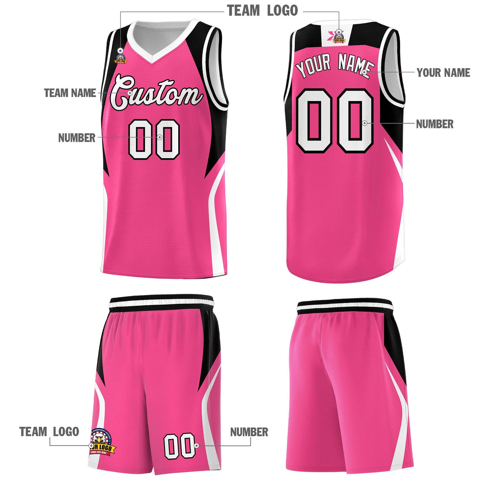 Custom Pink Black and White Color Block Sports Uniform Basketball Jersey