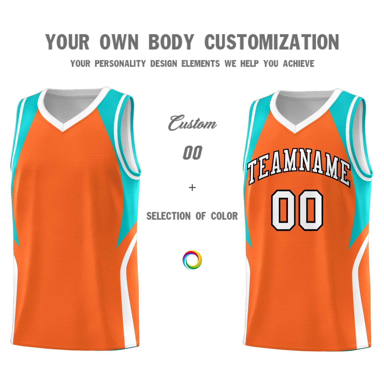 Custom Orange Aqua and White Color Block Sports Uniform Basketball Jersey