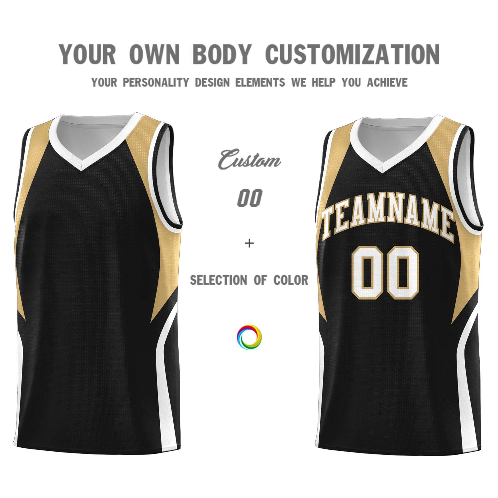 Custom Black Old Gold and White Color Block Sports Uniform Basketball Jersey
