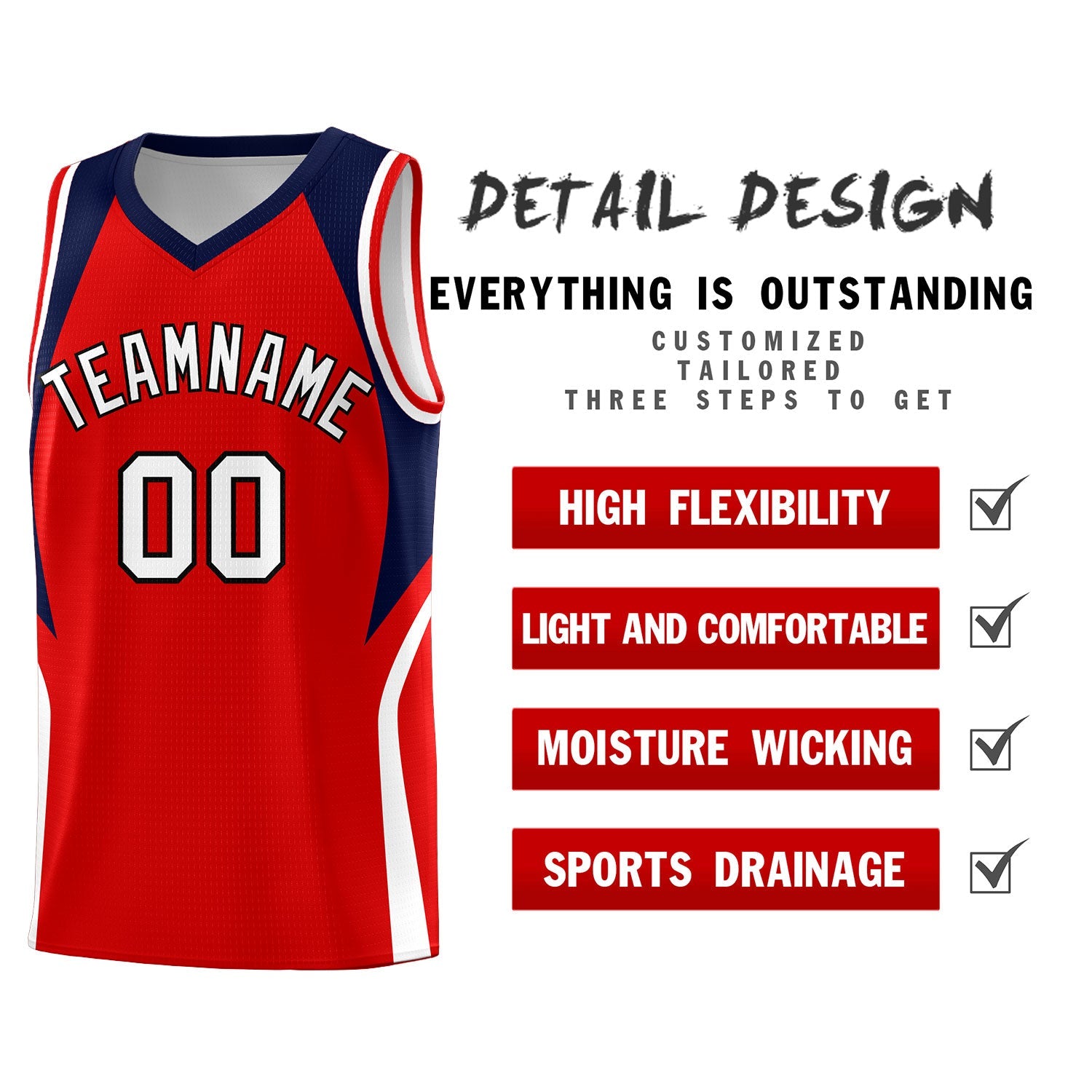 Custom Red Navy and White Color Block Sports Uniform Basketball Jersey
