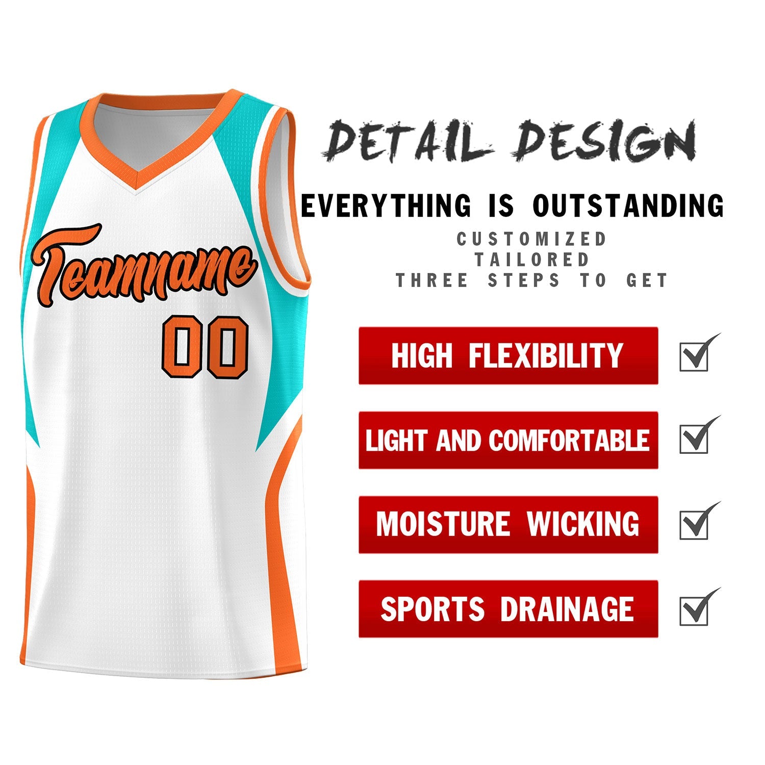 Custom White Aqua and Orange Color Block Sports Uniform Basketball Jersey