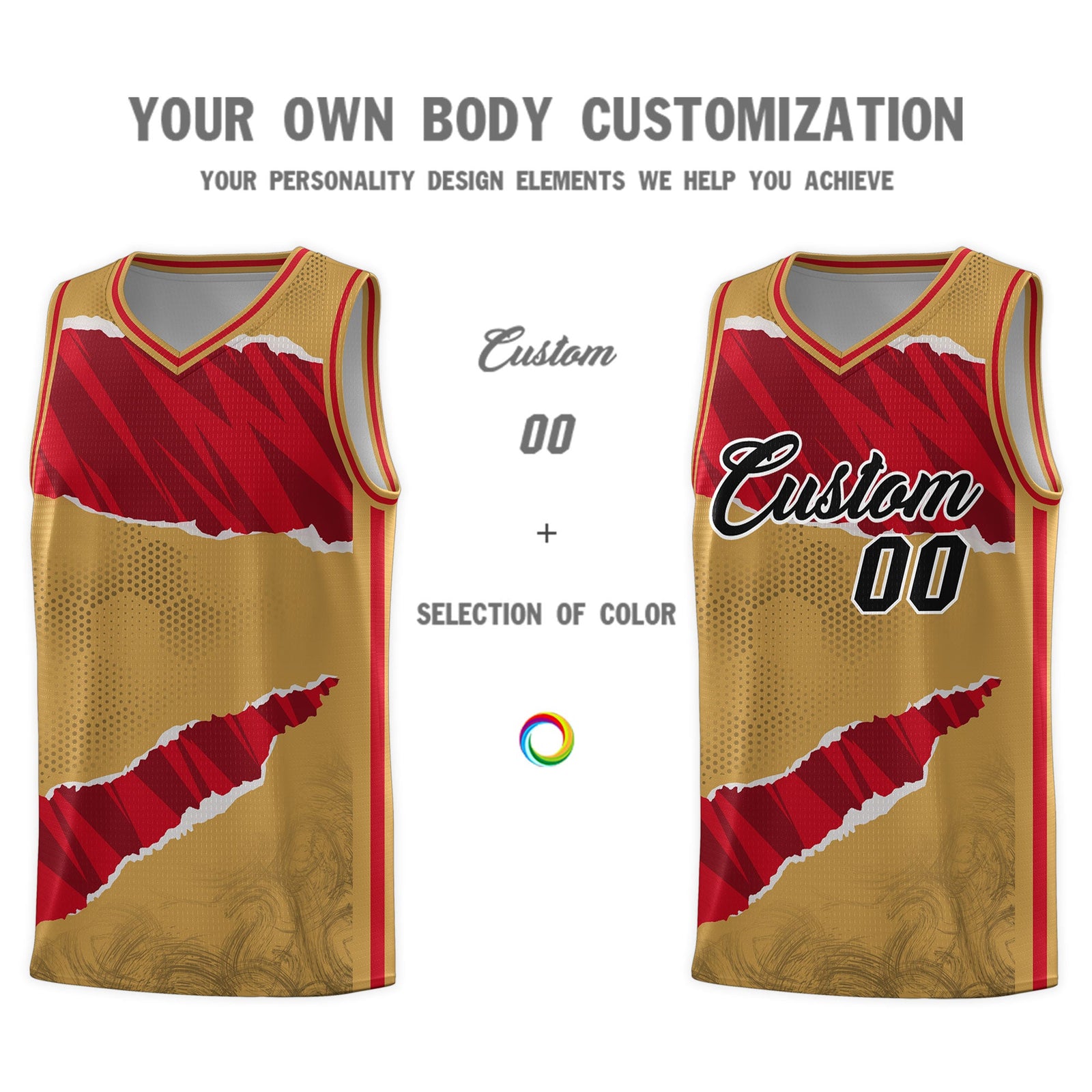 Custom Old Gold Red-Black Tear Graffiti Pattern Sports Uniform Basketball Jersey