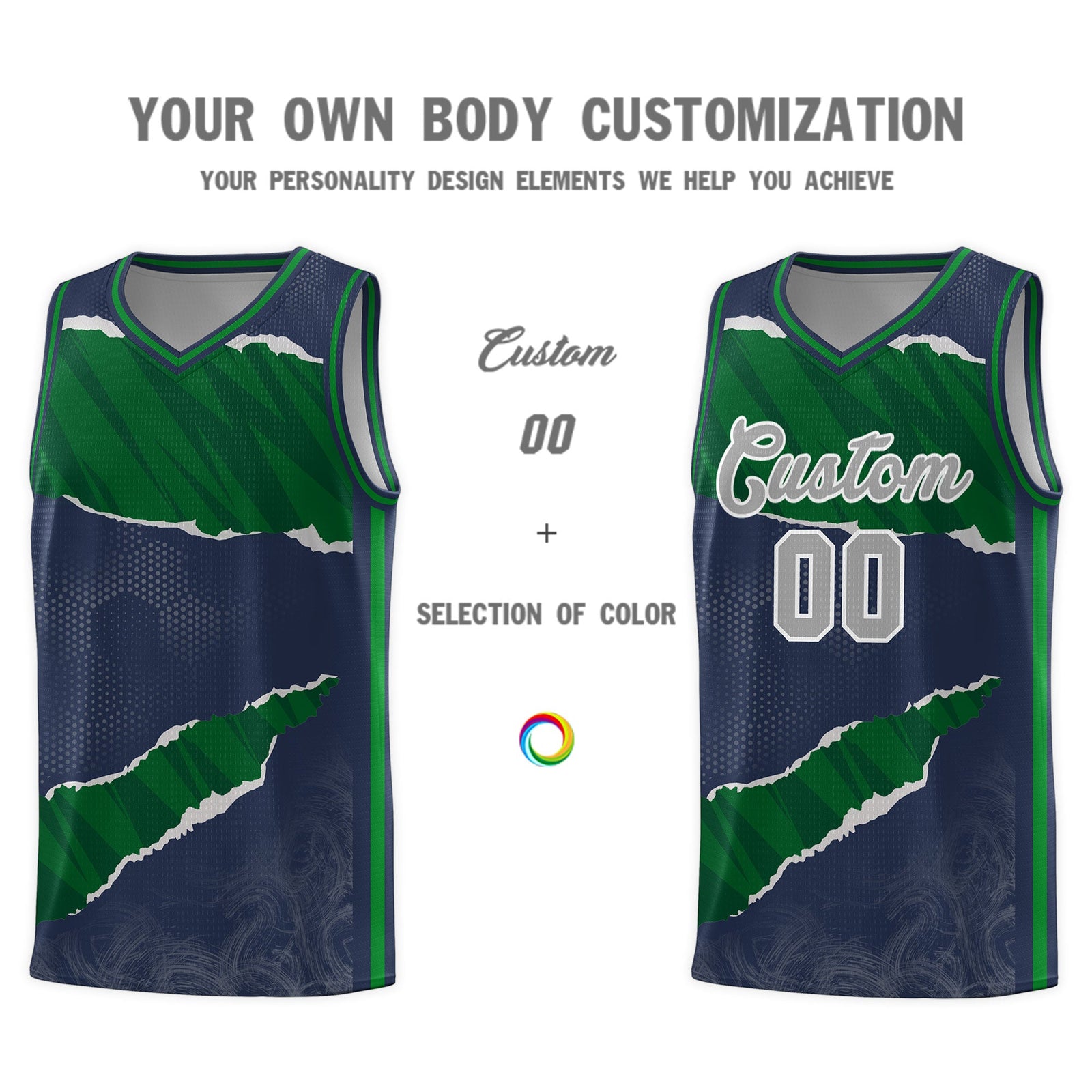 Custom Midnight Blue Kelly Green-Hunter Green Tear Graffiti Pattern Sports Uniform Basketball Jersey