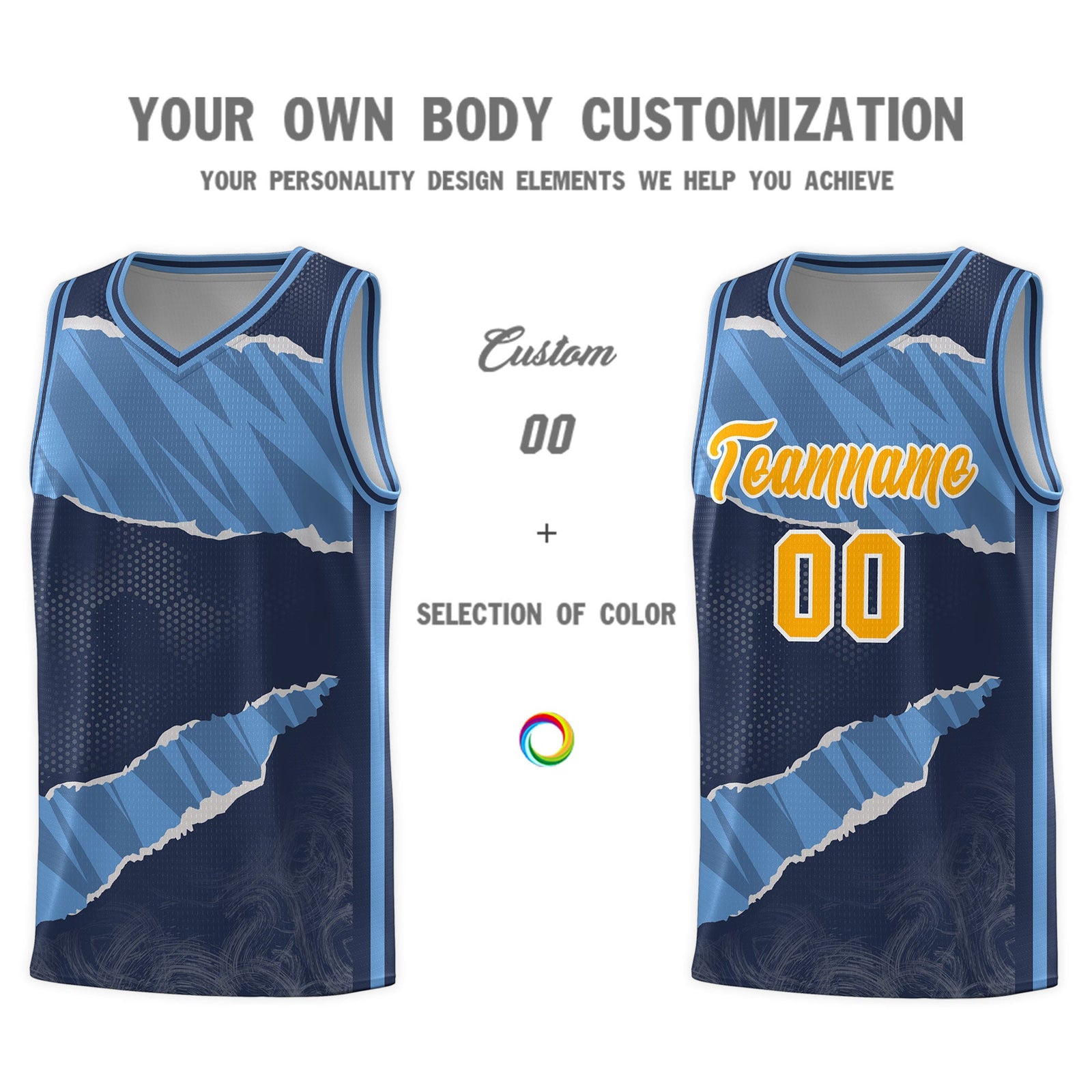 Custom Midnight Blue Light Blue-Navy Tear Graffiti Pattern Sports Uniform Basketball Jersey
