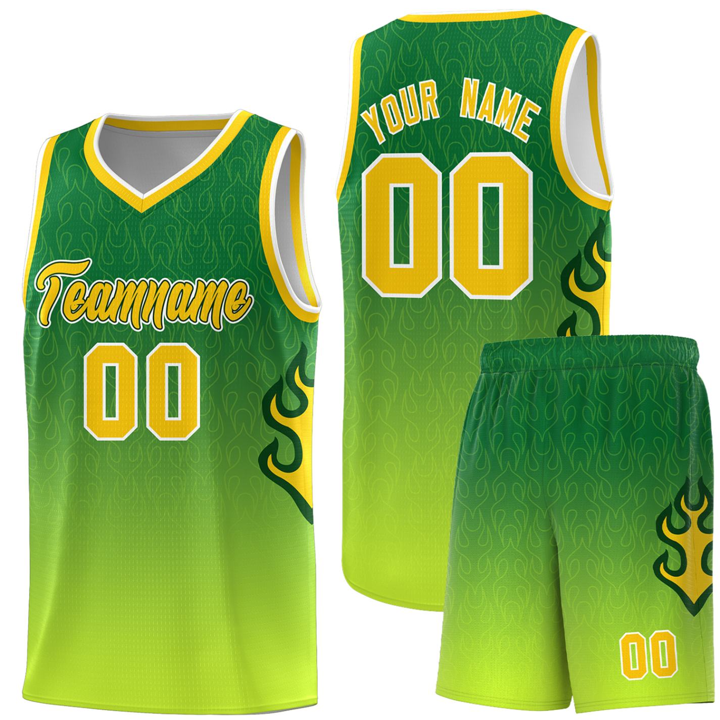 Custom Kelly Green-Neon Green-Gold Flame Gradient Fashion Sports Uniform Basketball Jersey