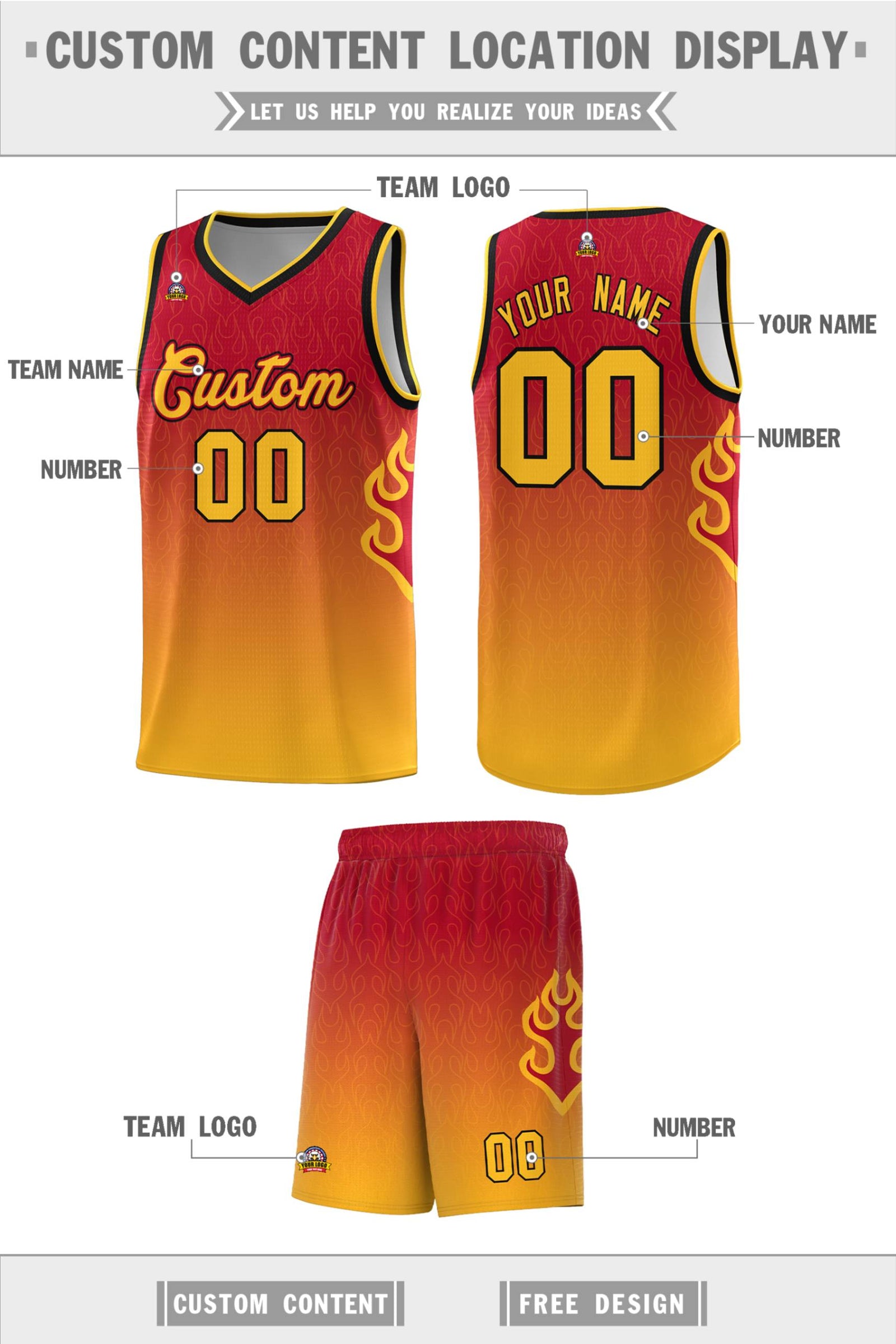 Custom Red Yellow Flame Gradient Fashion Sports Uniform Basketball Jersey