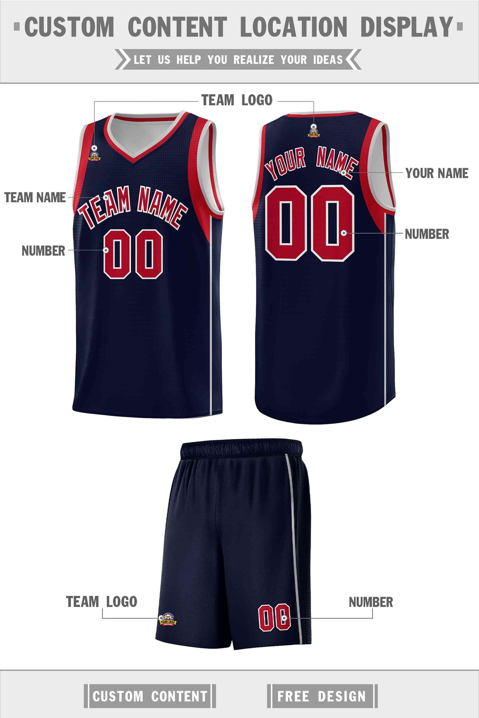 Custom Navy Red-Gray Sleeve Color Blocking Classic Sports Uniform Basketball Jersey