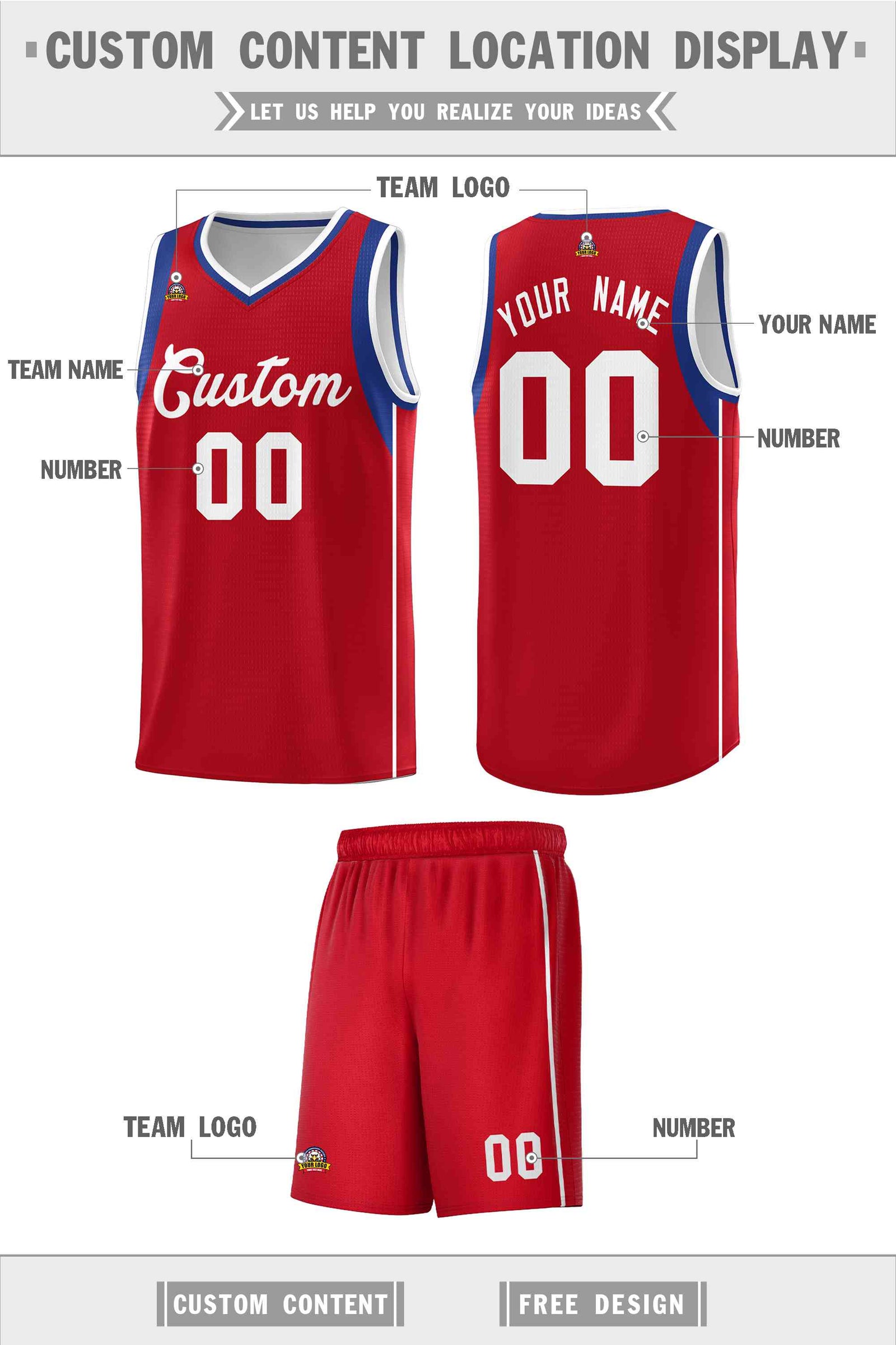 Custom Red Royal-White Sleeve Color Blocking Classic Sports Uniform Basketball Jersey