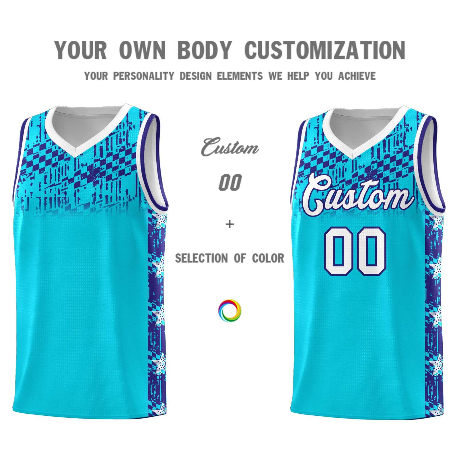 Custom Sky Blue Mosaic Stars Pattern Sports Uniform Basketball Jersey