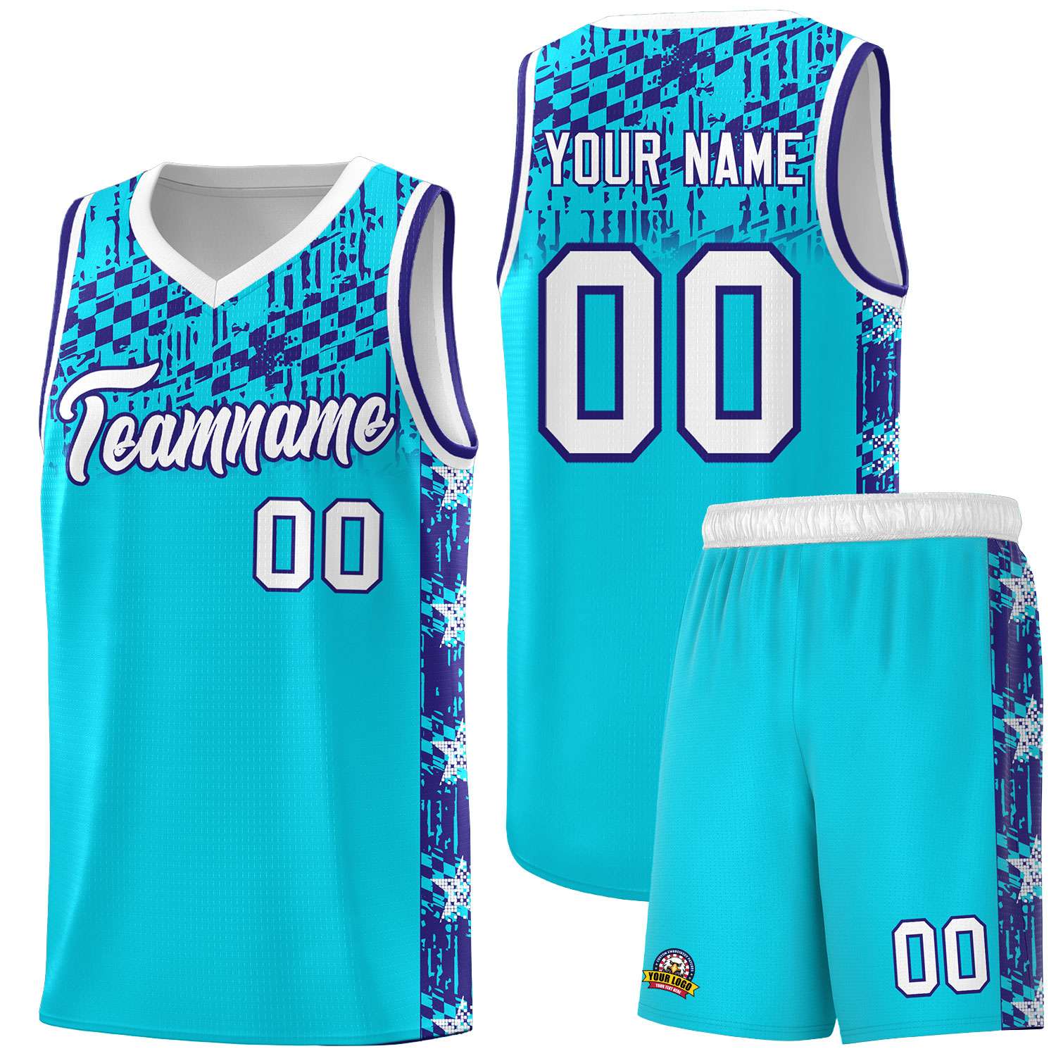 Custom Sky Blue Mosaic Stars Pattern Sports Uniform Basketball Jersey