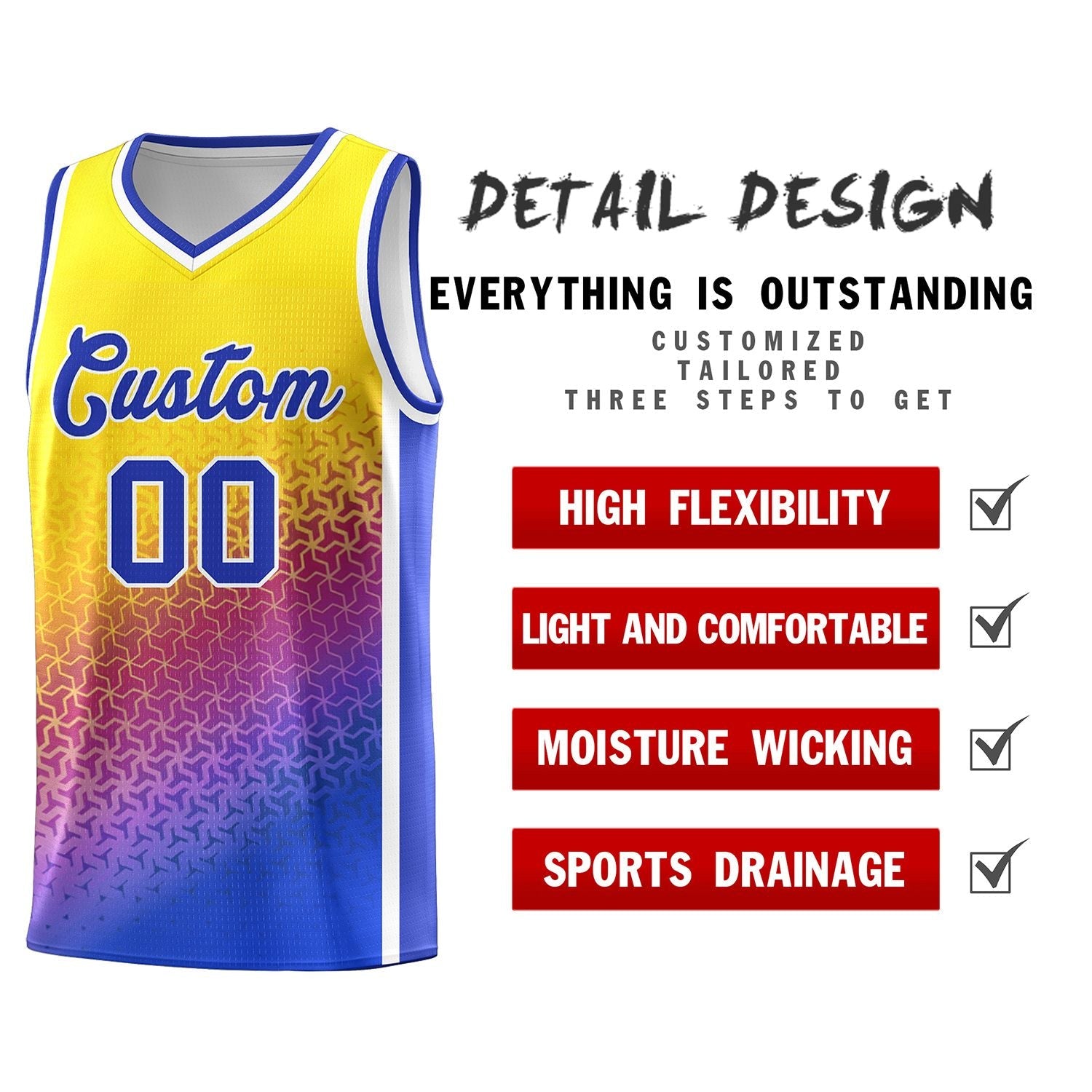 Custom Gold Purple-Royal Gradient Design Irregular Shapes Pattern Sports Uniform Basketball Jersey
