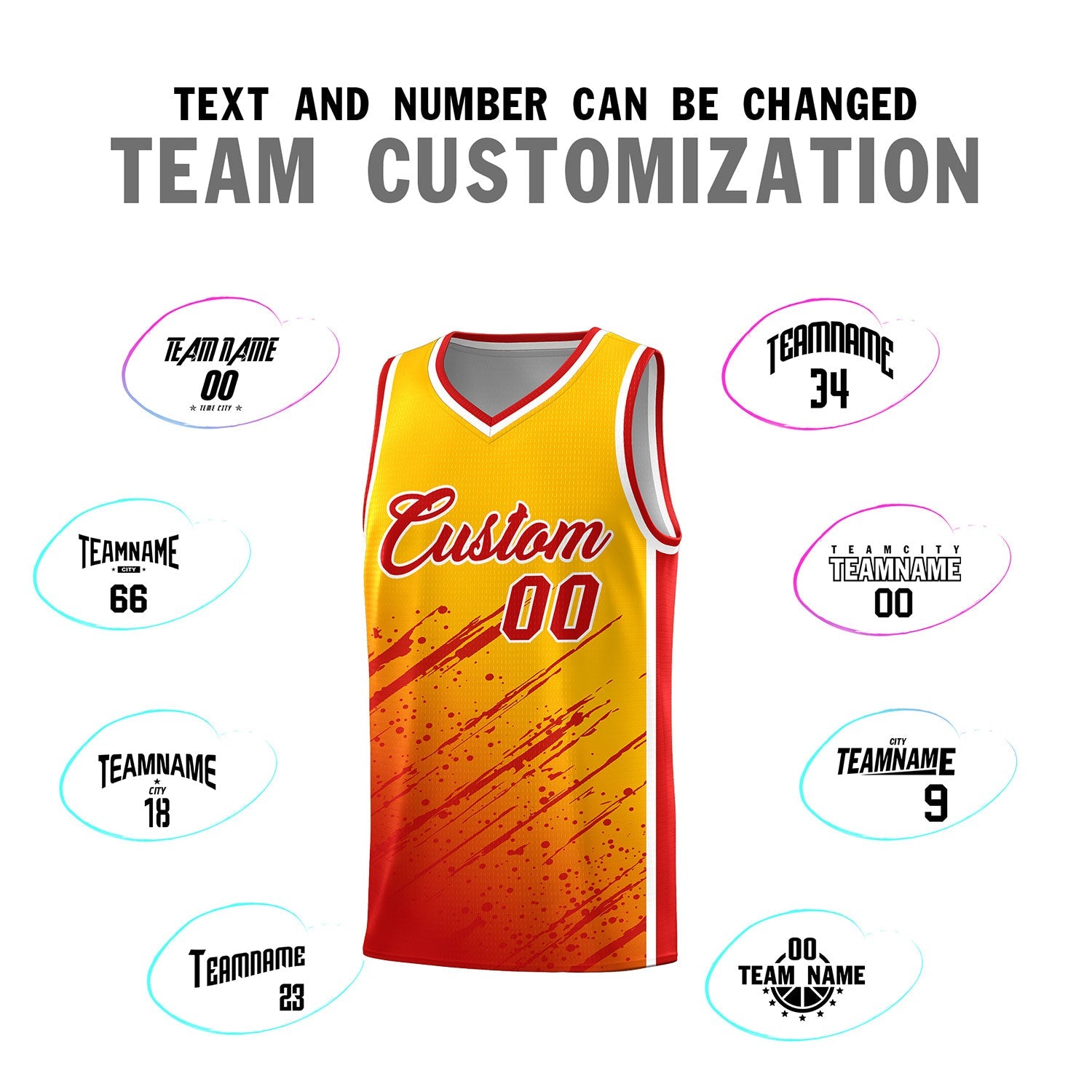 Custom Yellow Basketball Kits With Red Paint Graffiti