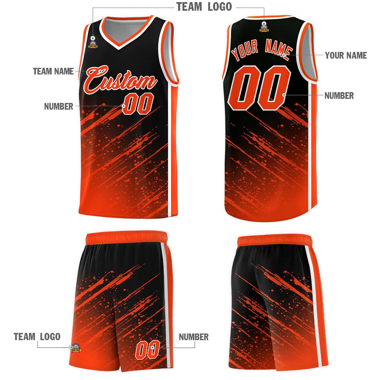 Custom Black Basketball Kits With Orange Paint Graffiti
