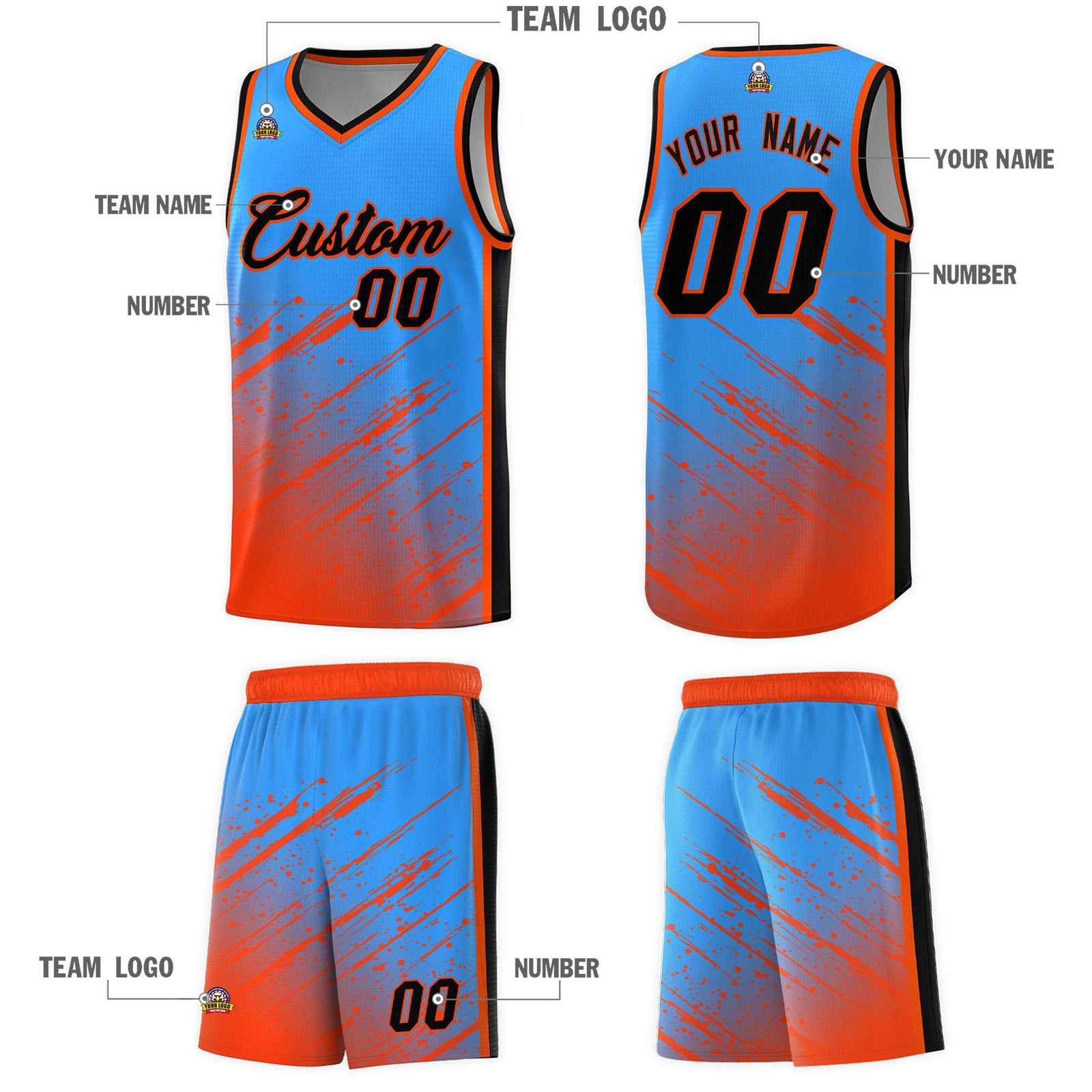 Custom Powder Blue Basketball Kits With Orange Paint Graffiti
