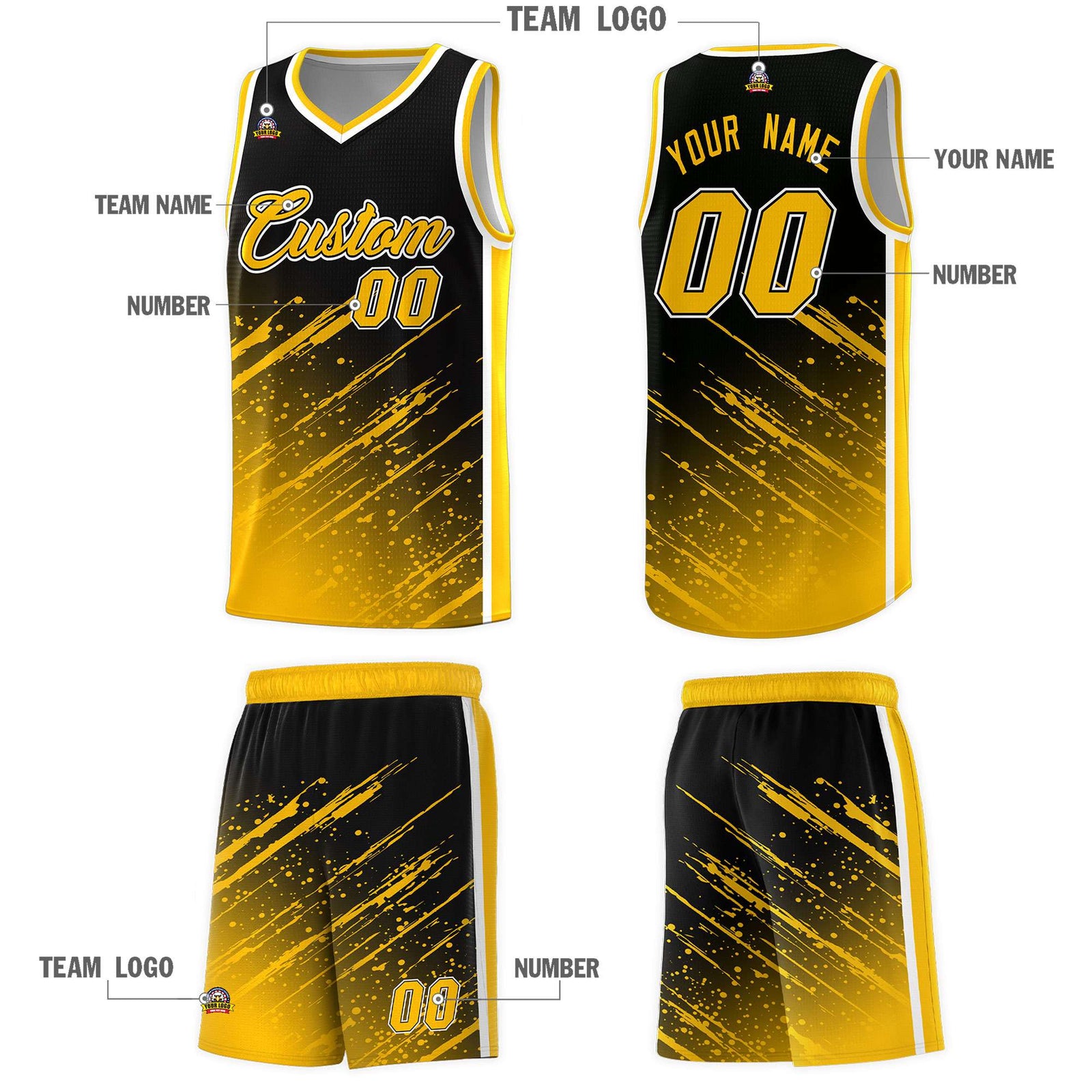 Custom Black Basketball Kits With Yellow Paint Graffiti