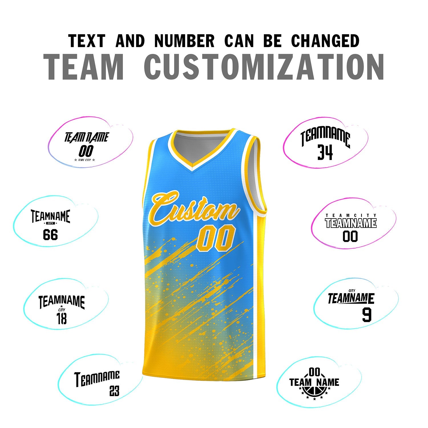 Custom Powder Blue Basketball Kits With Yellow Paint Graffiti