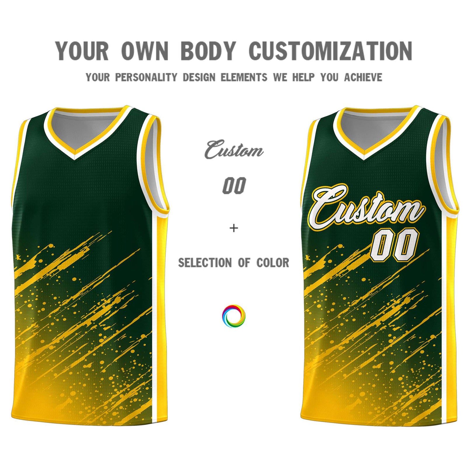 Custom Green Basketball Kits With Yellow Paint Graffiti